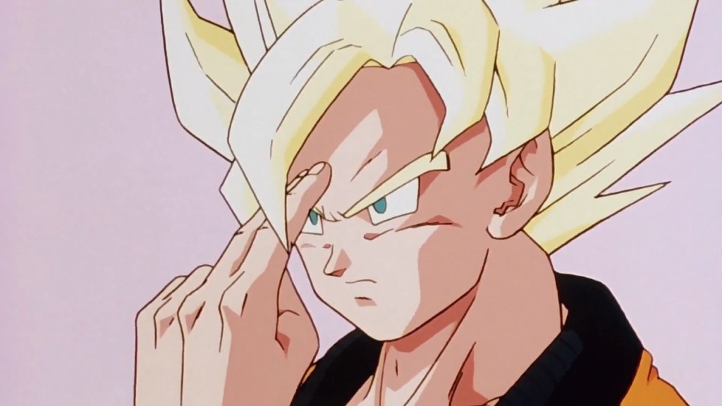 Goku from Dragon Ball with his index and middle finger touching his forehead.